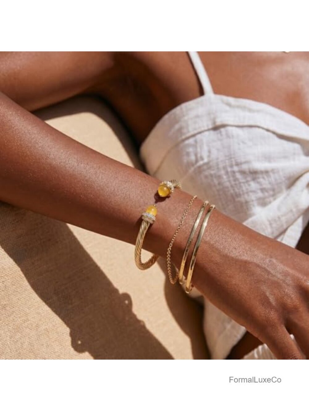 14K Gold Plated Cuff Bangle Bracelet - Adjustable Open Twisted Cable Charm - Picture 3 of 5